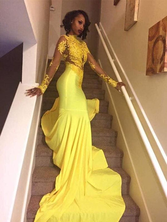 High Neck Long Sleeves Sweep/Brush Train With Applique Satin Dresses