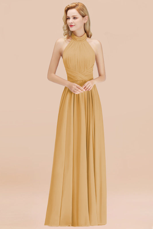 High Neck Pleated Chiffon Dusty Pink Bridesmaid Dress