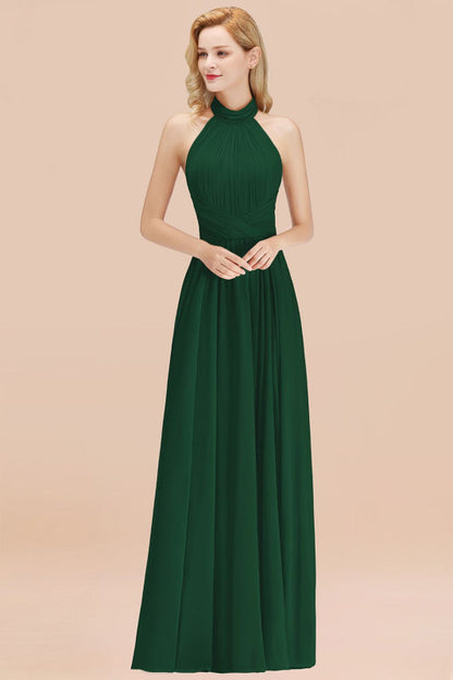 High Neck Pleated Chiffon Dusty Pink Bridesmaid Dress