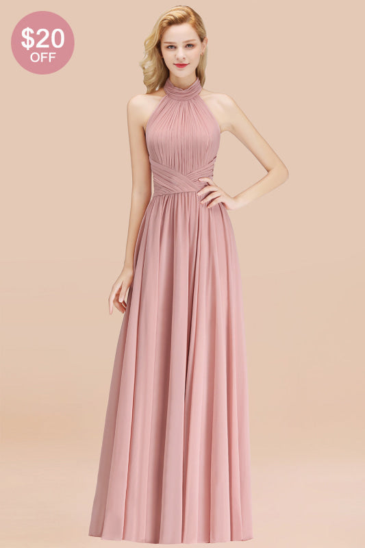 High Neck Pleated Chiffon Dusty Pink Bridesmaid Dress