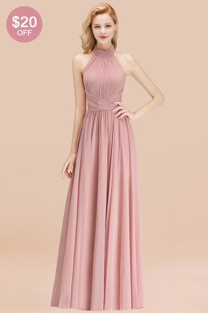 High Neck Pleated Chiffon Dusty Pink Bridesmaid Dress