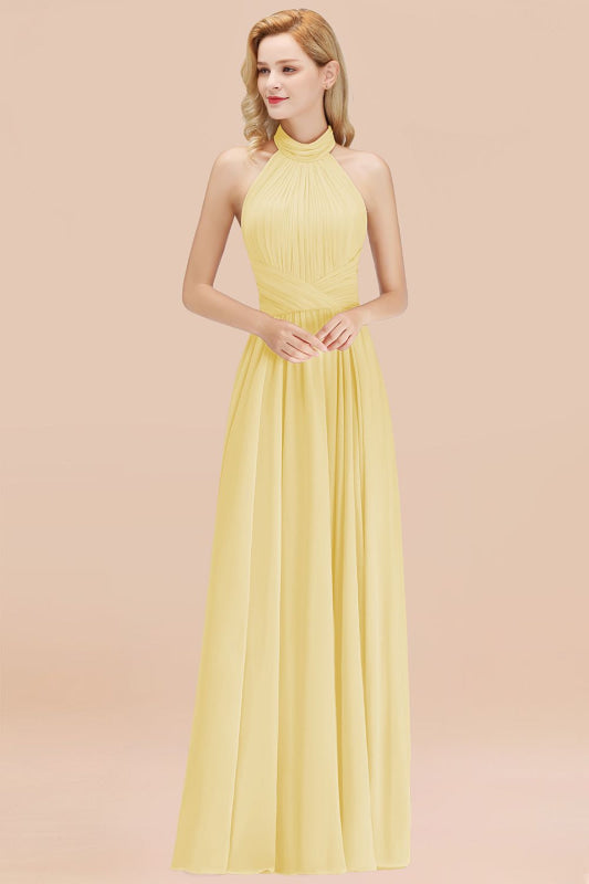 High Neck Pleated Chiffon Dusty Pink Bridesmaid Dress