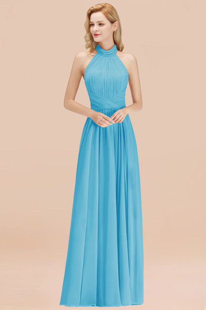 High Neck Pleated Chiffon Dusty Pink Bridesmaid Dress
