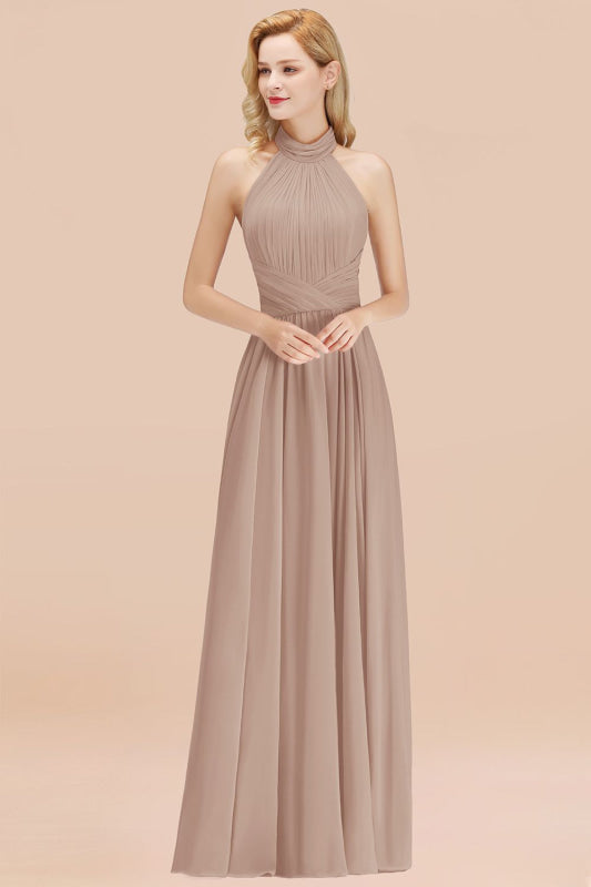 High Neck Pleated Chiffon Dusty Pink Bridesmaid Dress