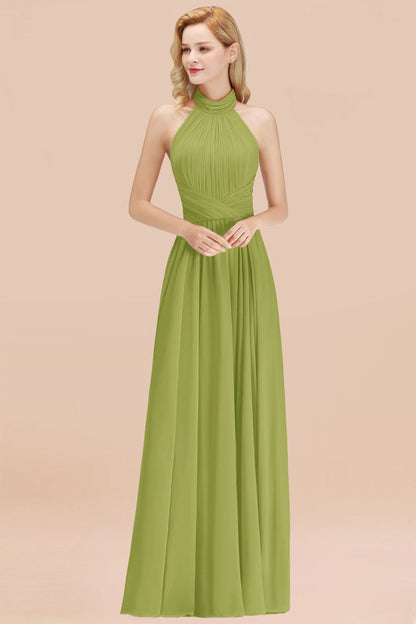 High Neck Pleated Chiffon Dusty Pink Bridesmaid Dress