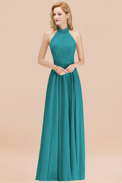 High Neck Pleated Chiffon Dusty Pink Bridesmaid Dress