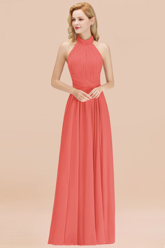 High Neck Pleated Chiffon Dusty Pink Bridesmaid Dress