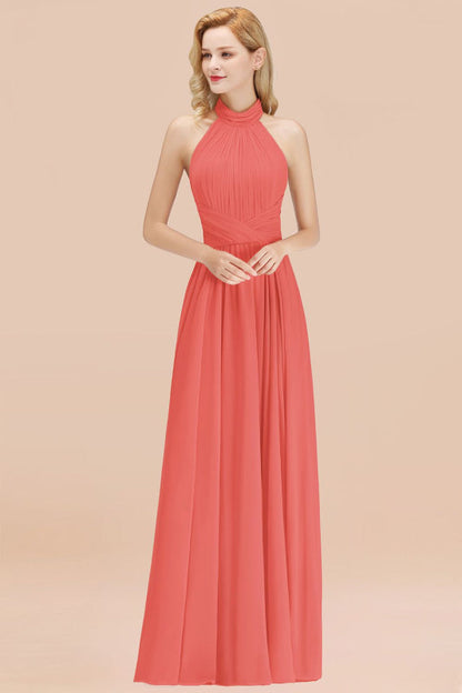 High Neck Pleated Chiffon Dusty Pink Bridesmaid Dress
