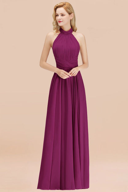 High Neck Pleated Chiffon Dusty Pink Bridesmaid Dress