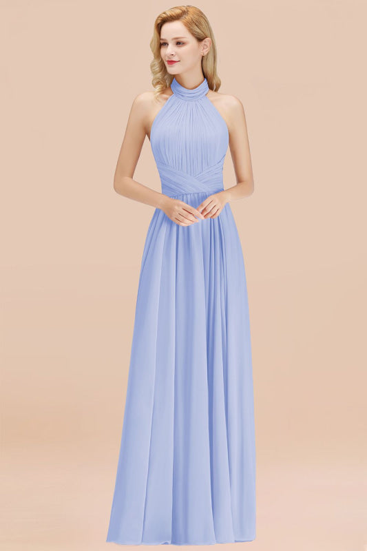 High Neck Pleated Chiffon Dusty Pink Bridesmaid Dress