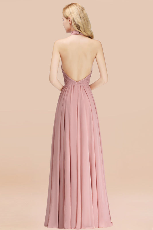 High Neck Pleated Chiffon Dusty Pink Bridesmaid Dress