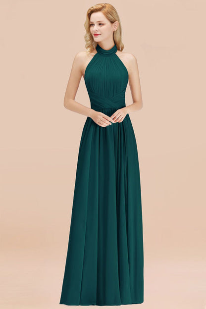 High Neck Pleated Chiffon Dusty Pink Bridesmaid Dress