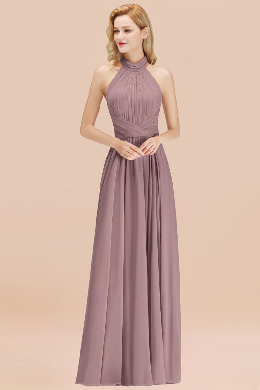 High Neck Pleated Chiffon Dusty Pink Bridesmaid Dress