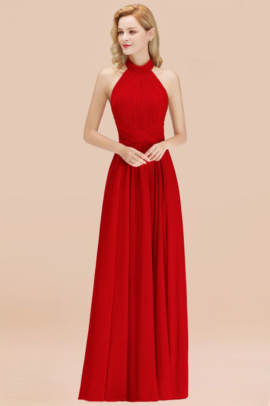 High Neck Pleated Chiffon Dusty Pink Bridesmaid Dress