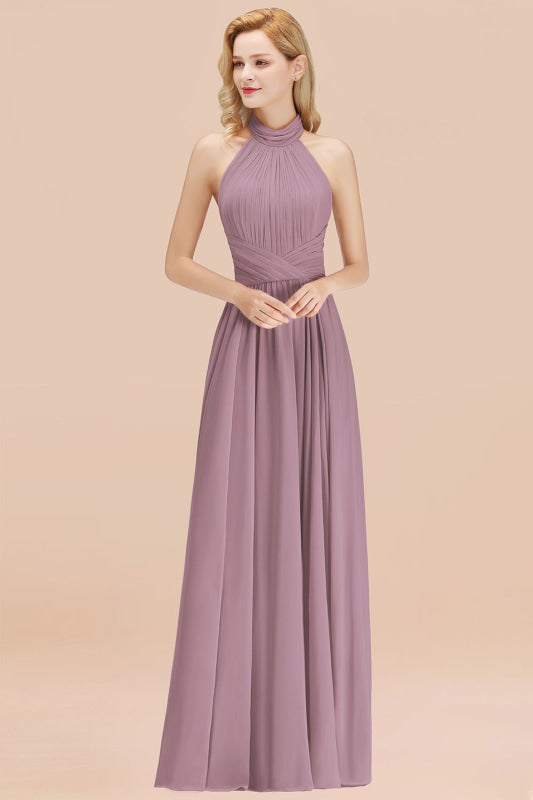 High Neck Pleated Chiffon Dusty Pink Bridesmaid Dress