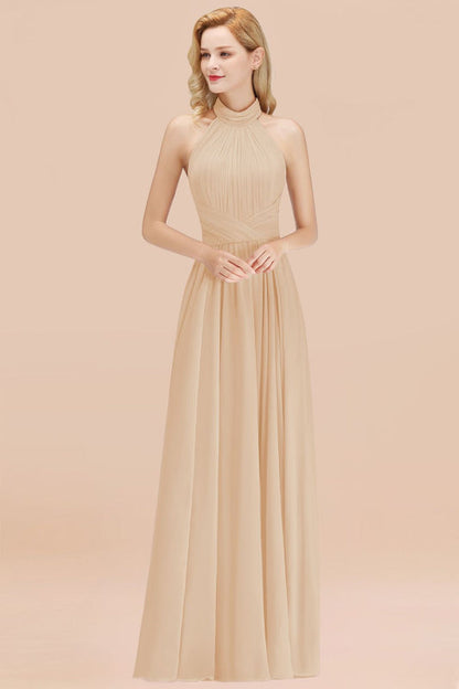High Neck Pleated Chiffon Dusty Pink Bridesmaid Dress
