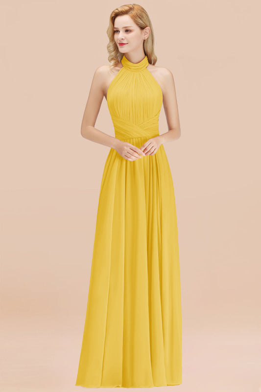 High Neck Pleated Chiffon Dusty Pink Bridesmaid Dress