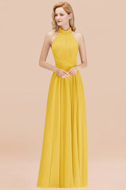 High Neck Pleated Chiffon Dusty Pink Bridesmaid Dress