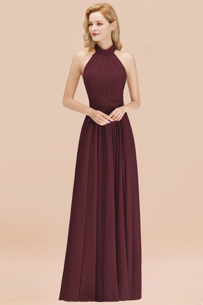 High Neck Pleated Chiffon Dusty Pink Bridesmaid Dress