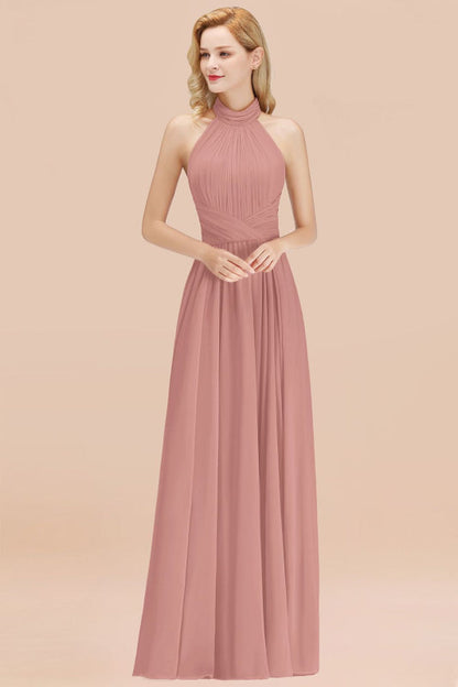 High Neck Pleated Chiffon Dusty Pink Bridesmaid Dress