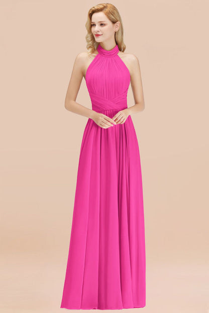 High Neck Pleated Chiffon Dusty Pink Bridesmaid Dress