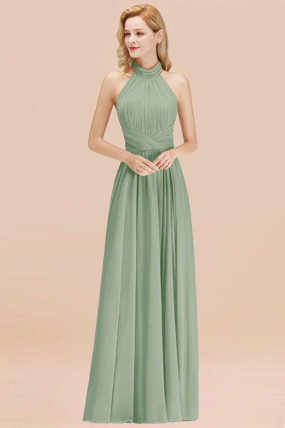 High Neck Pleated Chiffon Dusty Pink Bridesmaid Dress