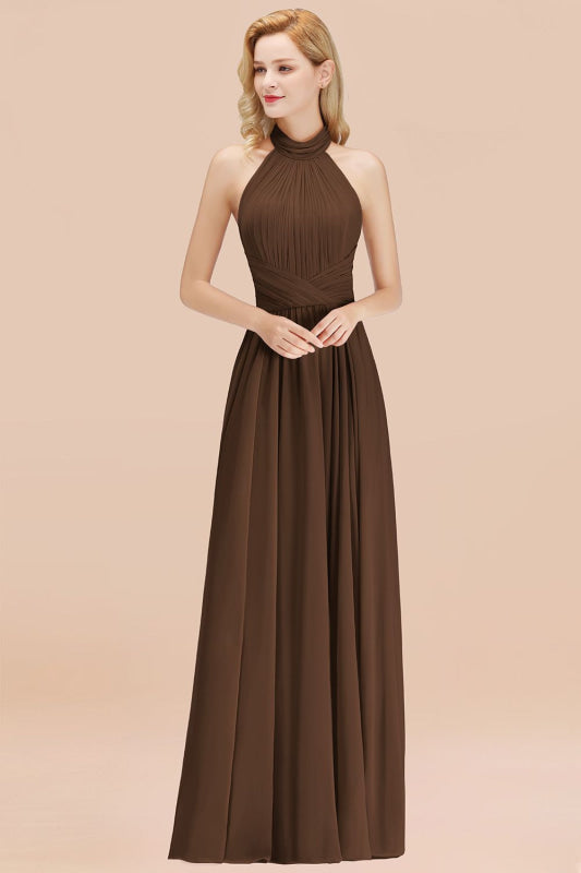 High Neck Pleated Chiffon Dusty Pink Bridesmaid Dress