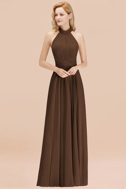 High Neck Pleated Chiffon Dusty Pink Bridesmaid Dress