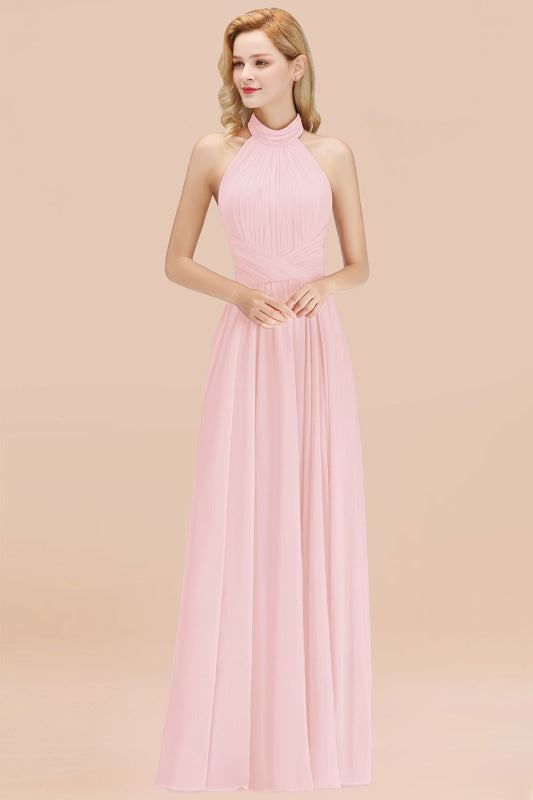 High Neck Pleated Chiffon Dusty Pink Bridesmaid Dress