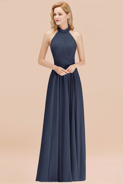 High Neck Pleated Chiffon Dusty Pink Bridesmaid Dress
