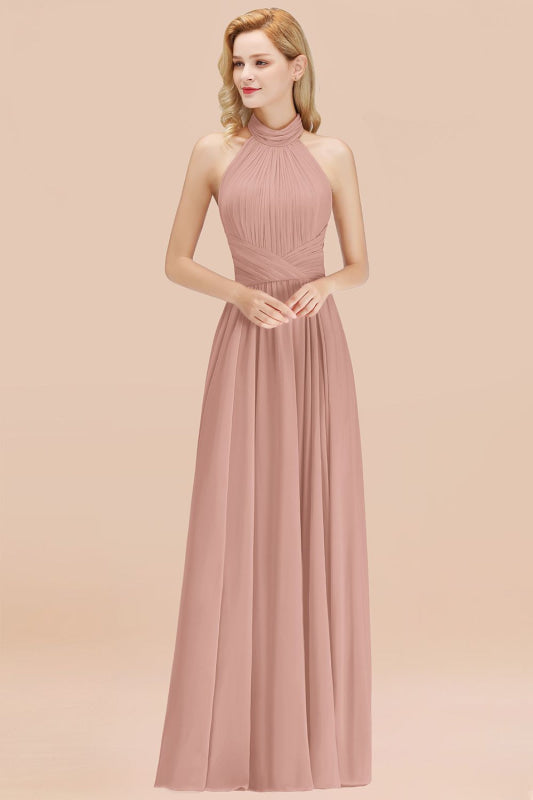High Neck Pleated Chiffon Dusty Pink Bridesmaid Dress