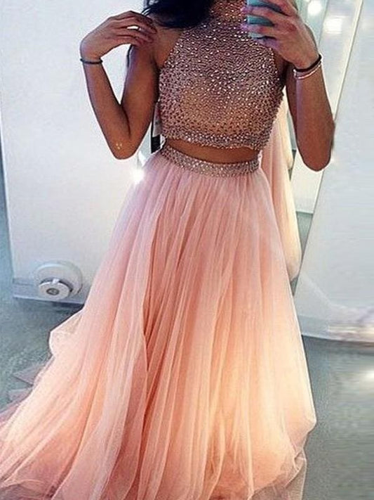 High Neck Sleeveless Sweep/Brush Train With Beading Two Piece Dresses