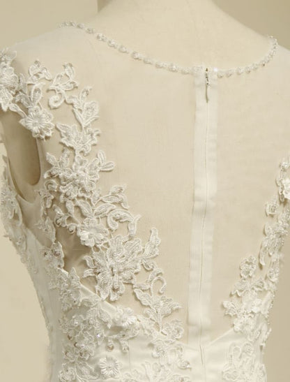 High Qulity Lace Mermaid Wedding Dress Illusion Chaple Train Ivory Beading Bridal Gown