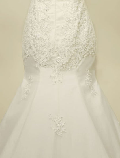 High Qulity Lace Mermaid Wedding Dress Illusion Chaple Train Ivory Beading Bridal Gown