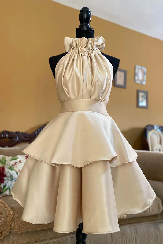 Hanging neck high neck layered back to school dress