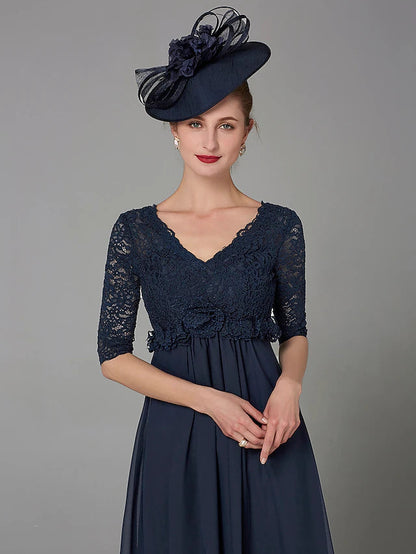 A-Line Mother of the Bride Dress Elegant & Luxurious V Neck Floor Length Chiffon Lace Half Sleeve with Lace