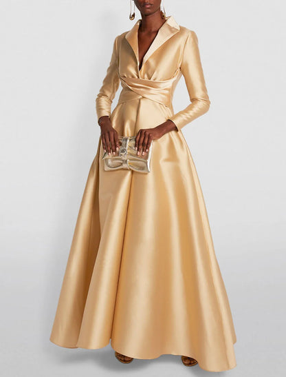 A-Line Evening Gown Elegant Christmas Red Green Dress Formal Wedding Guest Floor Length Long Sleeve Shirt Collar Satin with Ruched 2025