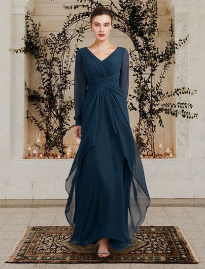 A-Line Mother of the Bride Dress Wedding Guest Elegant Plus Size V Neck Floor Length Chiffon Long Sleeve with Ruched Ruffles Side-Draped dress Solid Color