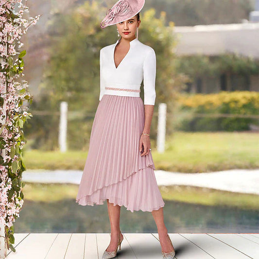 A-Line Mother of the Bride Dress Elegant High Low V Neck Asymmetrical Tea Length Chiffon Satin Short Sleeve with Sash / Ribbon Pleats Color Block