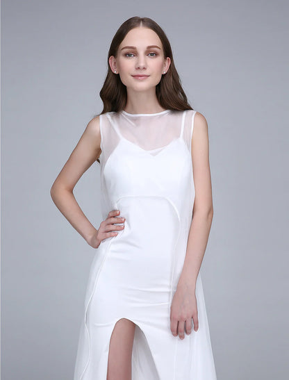 Sheath / Column Bridesmaid Dress Bateau Neck Sleeveless Open Back Ankle Length Chiffon / Jersey with Split Front