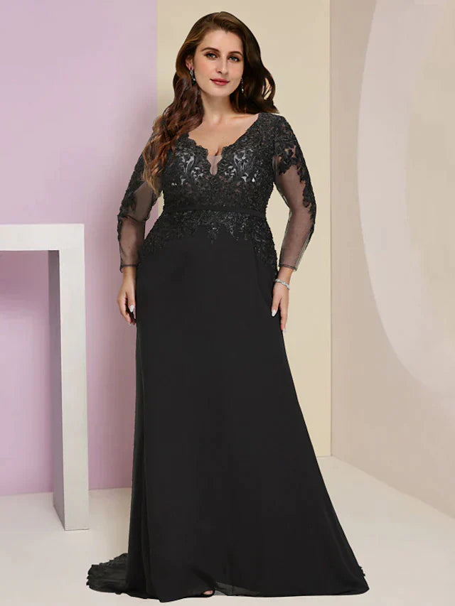 DingjiPlus Size Curve Mother of the Bride Dress Wedding Guest Vintage Party V Neck Court Train Chiffon Lace Long Sleeve with Sequin