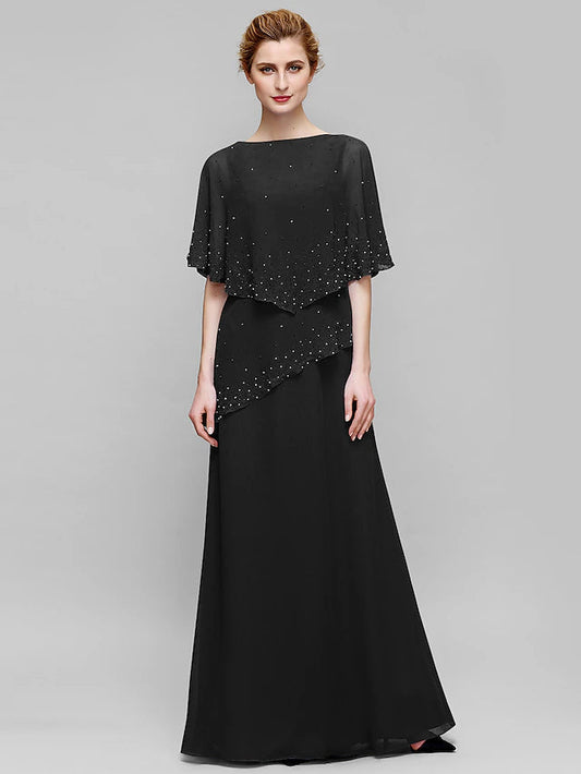 Sheath / Column Mother of the Bride Dress Elegant Bateau Neck Floor Length Chiffon Sleeveless