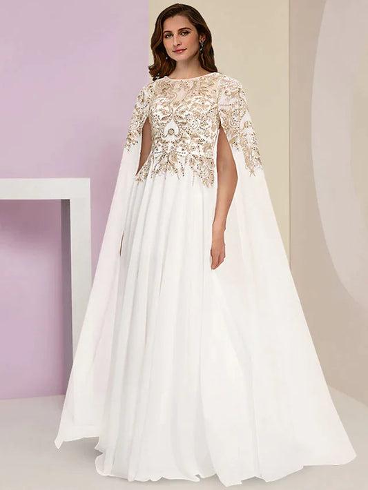 Plus Size Curve Mother of the Bride Dress Wedding Guest Party Luxurious Jewel Neck Floor Length Chiffon Lace Sequined Long Sleeve with Pleats