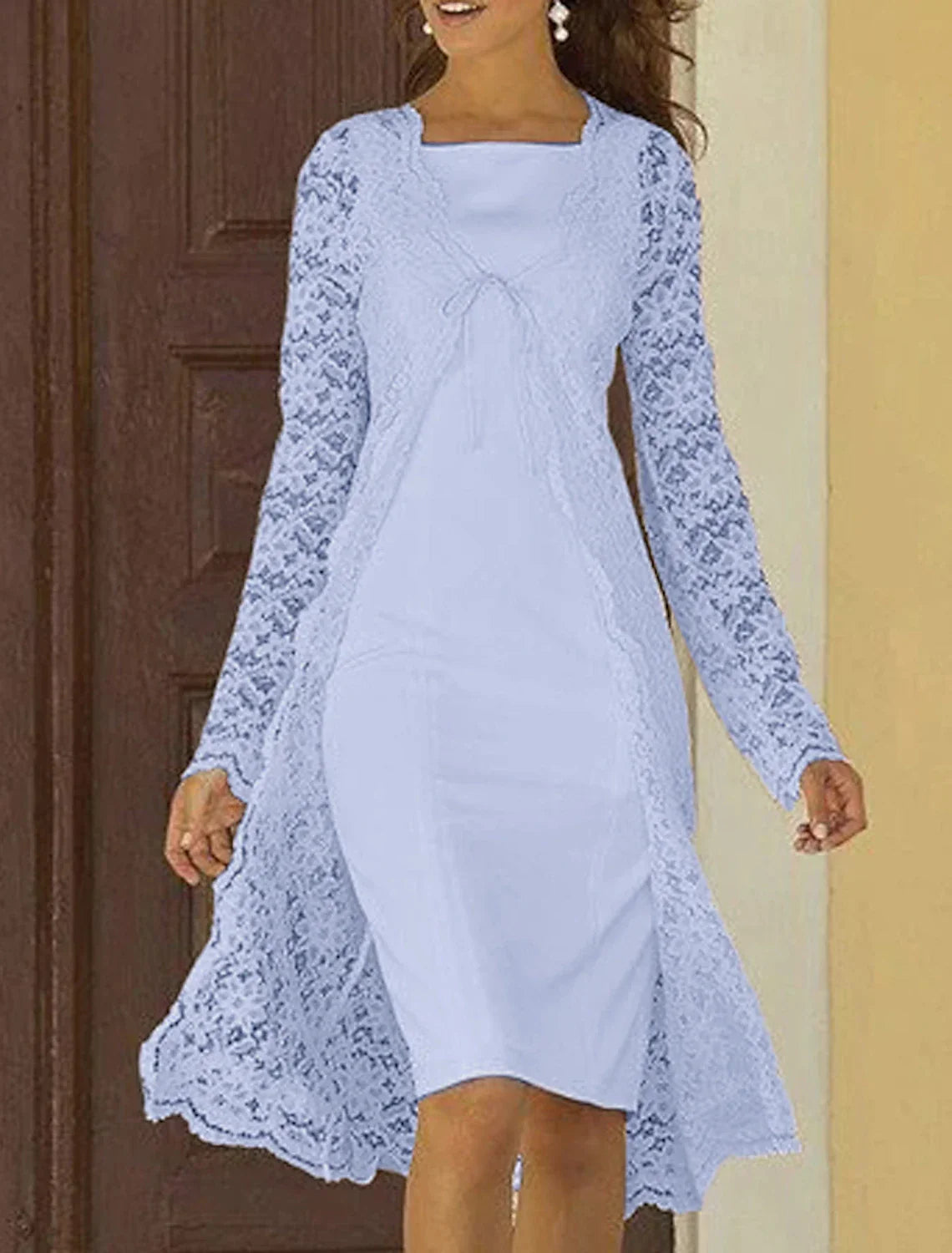 Two Piece Sheath / Column Mother of the Bride Dress Wedding Guest Church Elegant Square Neck Knee Length Chiffon Lace Sleeveless Jacket Dresses with Solid Color