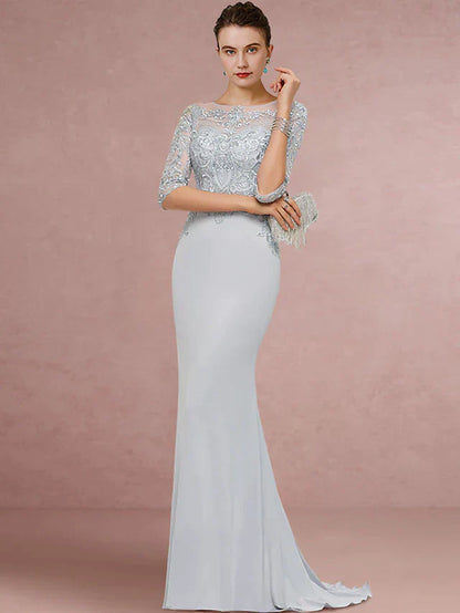 Sheath / Column Mother of the Bride Dress Wedding Guest Vintage Elegant Scoop Neck Sweep / Brush Train Chiffon Lace Half Sleeve with Sequin