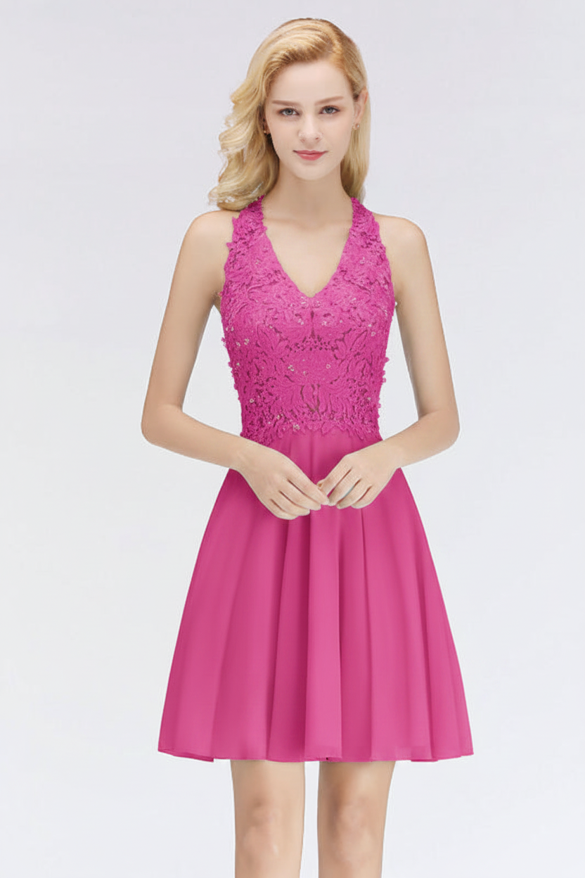 V-Neck Knee Length Floral Lace Birdesmaid Dresses