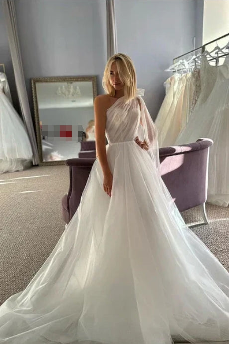 Glitter One Shoulder Bowknot Tulle Wedding Dress Bridal Gowns With Train White