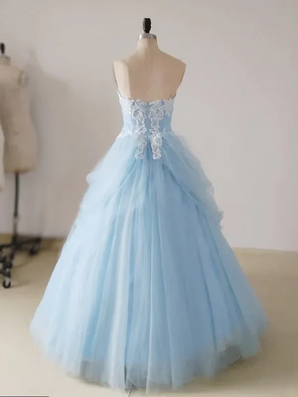 A-line lace chicken heart collar blue long ball dress Sky Blue Prom Dress