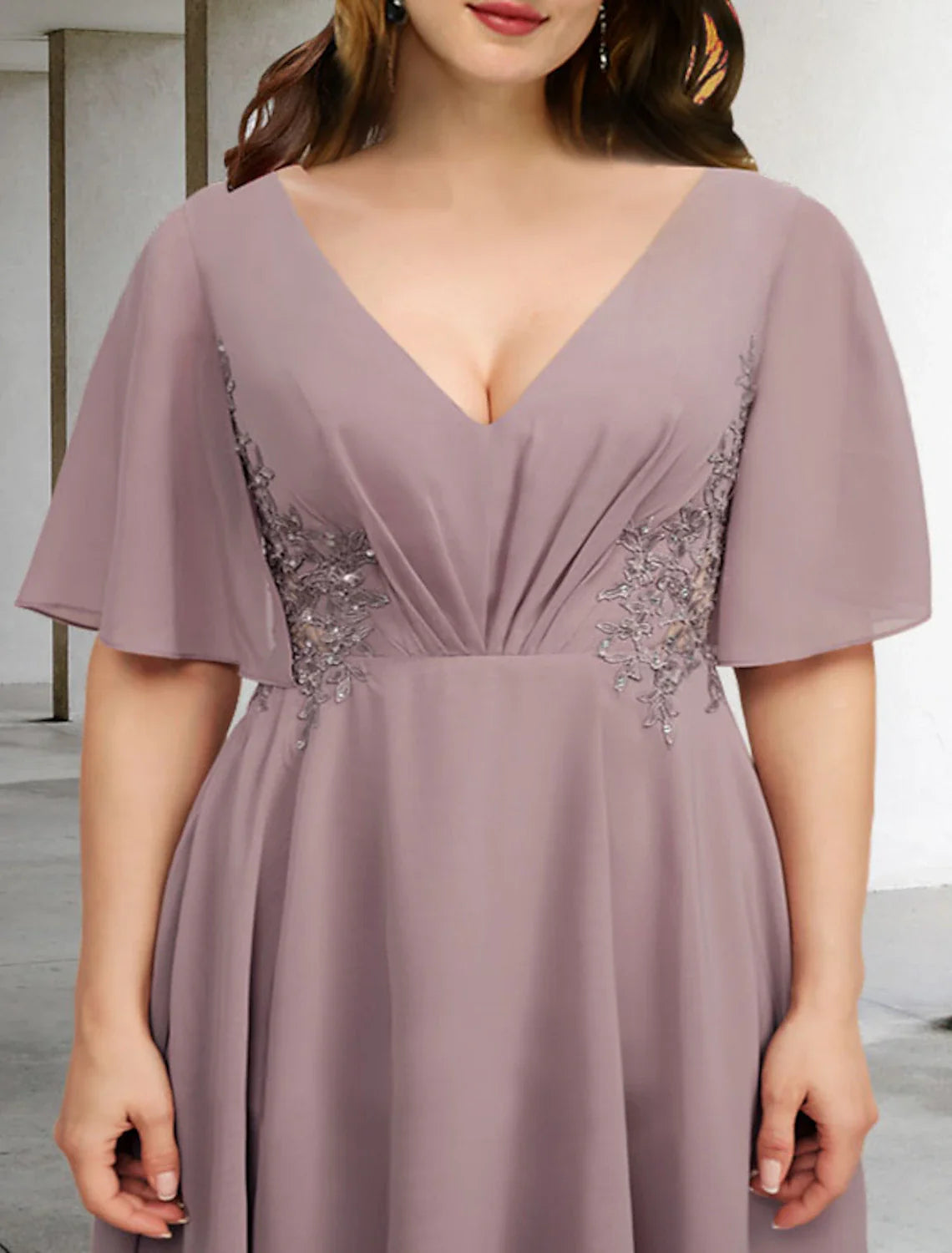 Aimishang A-Line Mother of the Bride Dresses Plus Size Hide Belly Curve Elegant Dress Formal Asymmetrical Short Sleeve V Neck Chiffon with Ruffles Appliques