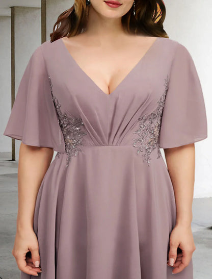 Aimishang A-Line Mother of the Bride Dresses Plus Size Hide Belly Curve Elegant Dress Formal Asymmetrical Short Sleeve V Neck Chiffon with Ruffles Appliques